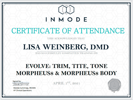 Award: Inmode certificate of attendance - Lisa Weinberg, DMD